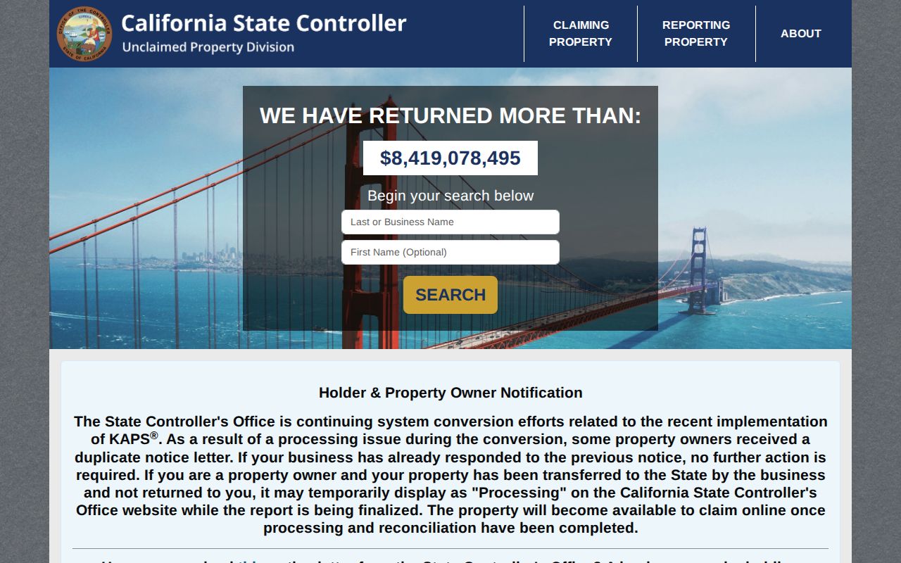 Riverbank resident lookup view of California unclaimed property search